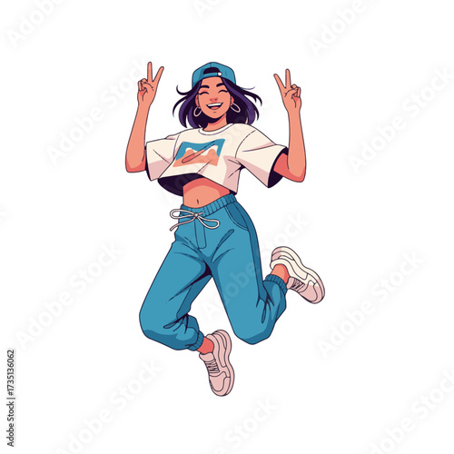 2D flat vector illustration of a gilpy teenage girl in streetwear crop top and jogger pants, jumping mid-air with a big cheerful smile, making a peace sign with both hands