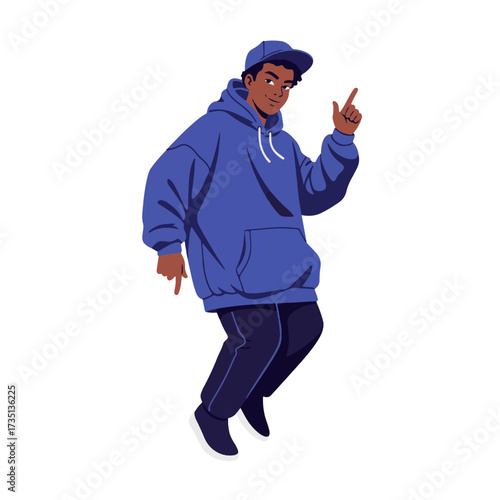 2D flat vector illustration of a gilpy teenage boy in oversized hoodie and cap, pointing one finger up while bouncing his body in rhythm