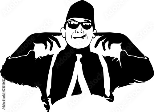Stylized illustration of a person in a fez and sunglasses plugging ears, expressing annoyance or ignoring sound, black and white graphic