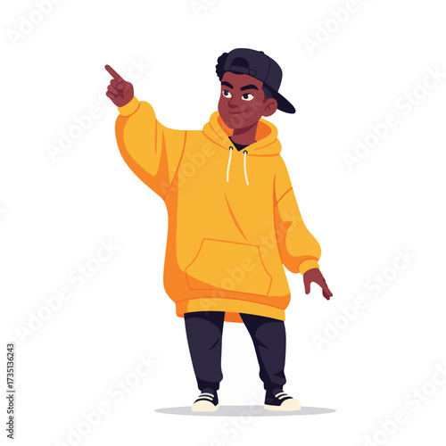 2D flat vector illustration of a gilpy teenage boy in oversized hoodie and cap, pointing one finger up while bouncing his body in rhythm
