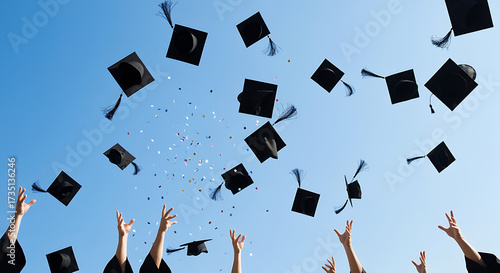 Graduates celebrating success and achievement by throwing their caps in the air at a commencement ceremony with confetti against a clear blue sky.