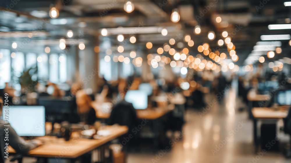 Obraz premium A blurred office space filled with people working at desks, illuminated by warm, decorative lights creating a modern and vibrant atmosphere.