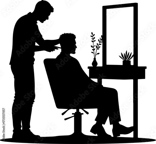 Black colour silhouette of a barber cutting hair in a salon on a white background