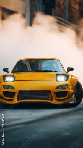 Bright yellow sports car drifts through a city street, smoke rising beside a brick building facade.
