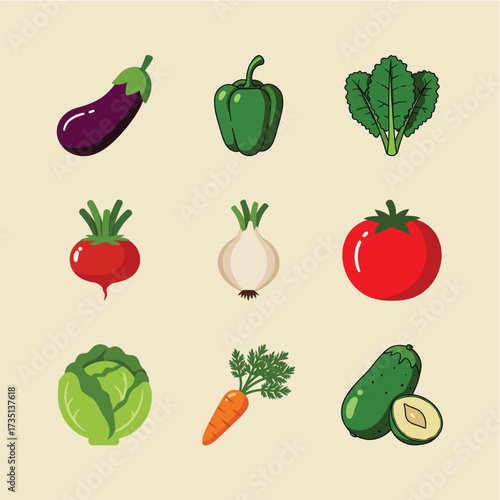 A vibrant collection of nine colorful, stylized illustrations of fresh vegetables, including an eggplant, bell pepper, leafy greens, radish, onion, tomato, c...