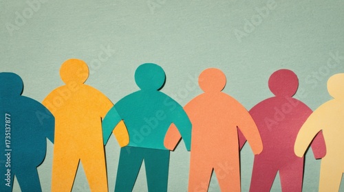 United Silhouette: A vibrant collection of diverse paper cut-out figures standing side-by-side in solidarity, their colorful forms embodying unity and inclusivity. 