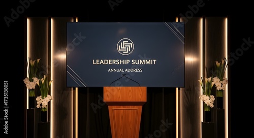 Leadership Summit Presentation Podium and Screen Announce Annual Address with Floral Decor