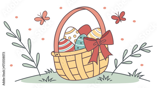 Celebrate easter with a beautiful basket of decorated eggs and butterflies spring holiday vector art
