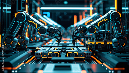 Robotic arms working in modern factory, symbolizing automation, smart manufacturing, and industrial innovation.
