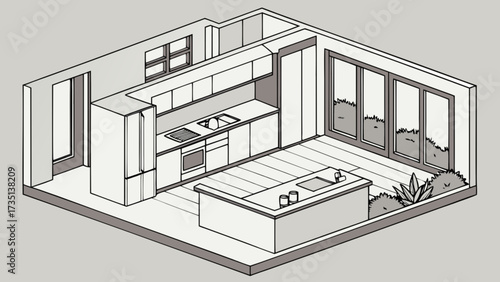 Isometric kitchen design with island and modern appliances for home interior decoration ideas inspiration