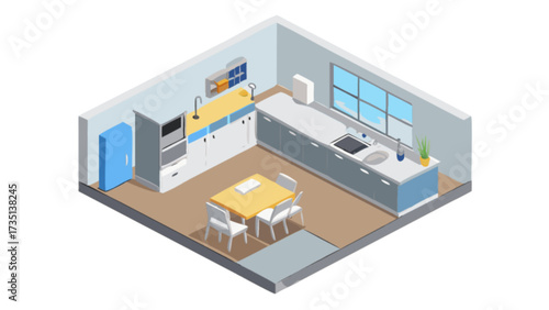 Isometric kitchen design illustration with dining table and modern appliances for interior decor