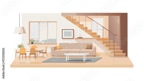 Modern home interior design with staircase, sofa, dining table and chairs vector illustration
