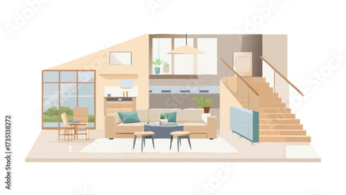 Modern living room interior design ideas with sofa, stairs and plants for home decor inspiration