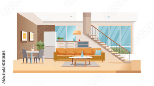 Living room interior design illustration with sofa, dining table, stairs and kitchen area view