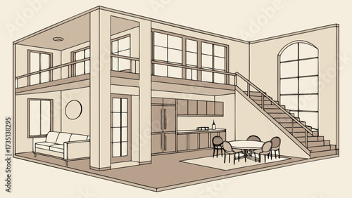 Isometric view of modern loft apartment interior design with kitchen living room and staircase design