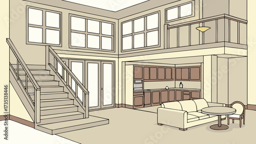 Modern interior design illustration with staircase, kitchen, living room and large windows view