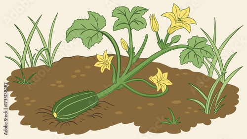 Illustration of zucchini plant growing in garden with flowers and leaves for food and agriculture