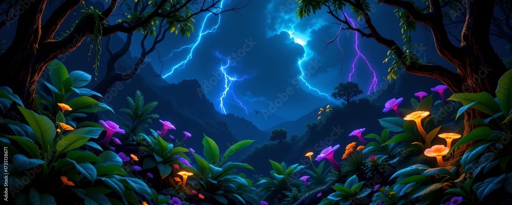 Fototapeta premium Bioluminescent jungle adventure during storm lush landscape digital art nighttime surreal experience