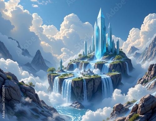 Floating crystalline islands with waterfalls fantasy landscape digital art ethereal environment bird's eye view