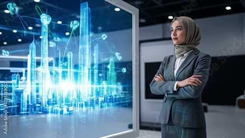 Wallpaper Mural Muslim businesswoman in a futuristic setting, contemplating innovative urban planning solutions Torontodigital.ca