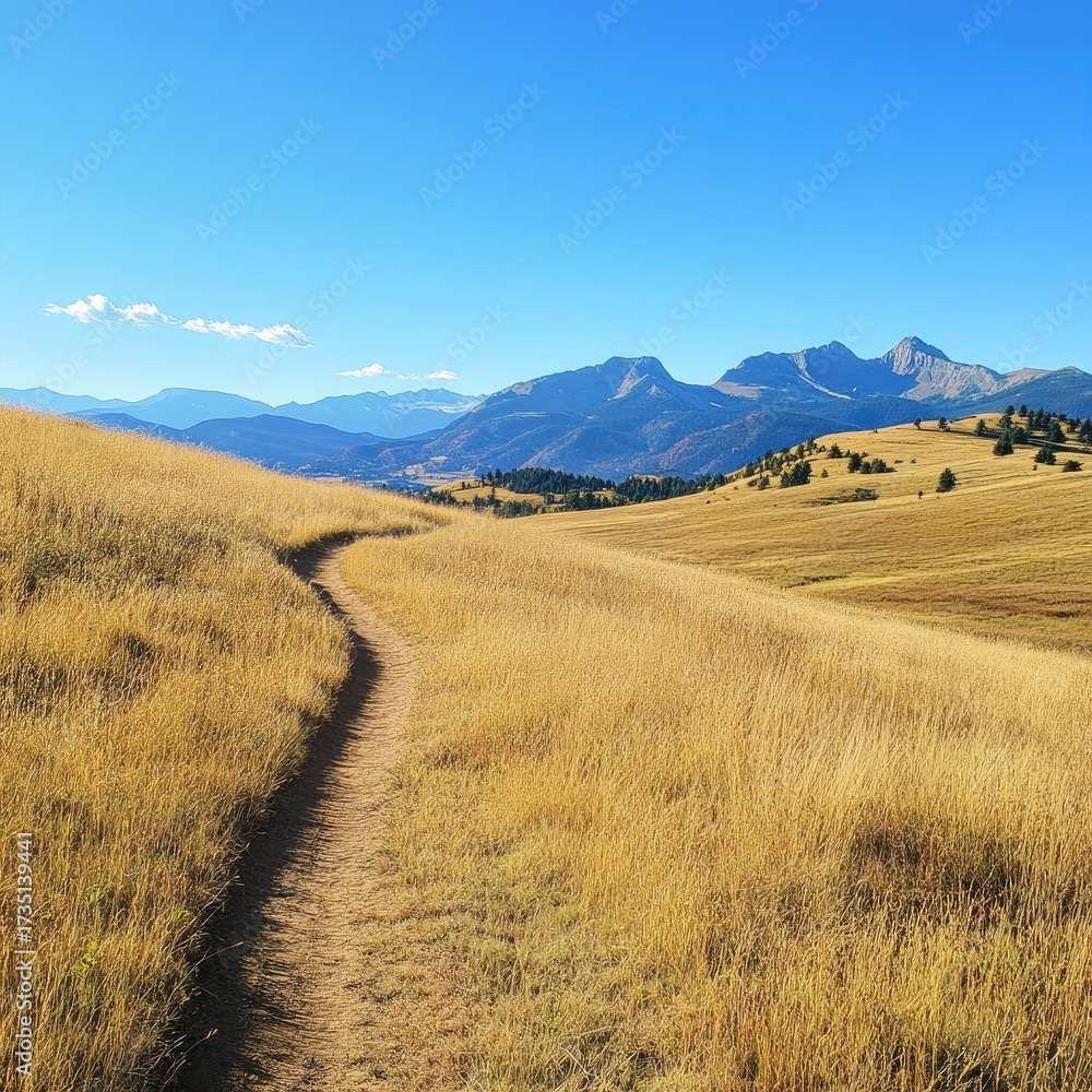 Fototapeta premium Sunny, golden meadow path winds to distant mountains