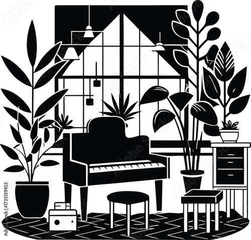 Silhouette of a cozy music room with grand piano and indoor plants vector