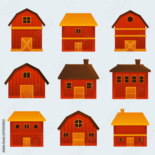 Vibrant grid of red wooden barns and farmhouses with yellow doors and orange roofs, showcasing rustic rural architecture