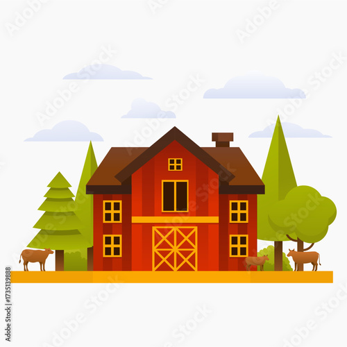A bright red barn sits at the heart of a peaceful farm, surrounded by green trees and grazing cows under a clear, sunlit sky. Ideal for rural life, farming, and family-friendly imagery