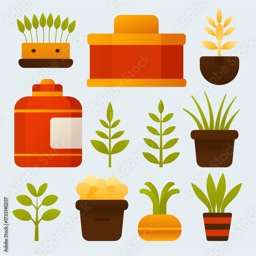 Vibrant vector illustration featuring a variety of potted plants, planters, and garden pots. Ideal for home gardening, plant care, interior design, and nature-themed projects with a bright