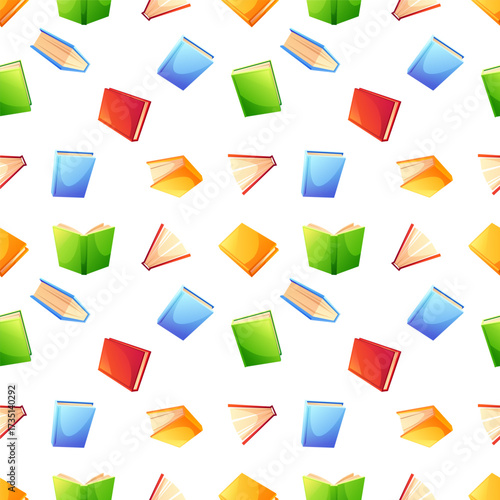 A cozy seamless pattern with books. Colorful textbooks in various positions, open and closed. Can be used on wrapping paper, fabric, or as a background for designs.