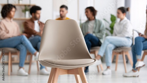 Empty chair in group therapy session for mental health and support