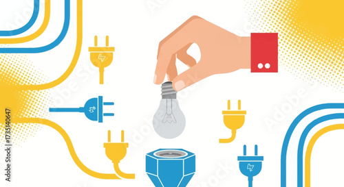 A hand holding a light bulb, surrounded by electrical plugs, symbolizing innovation and connection.
