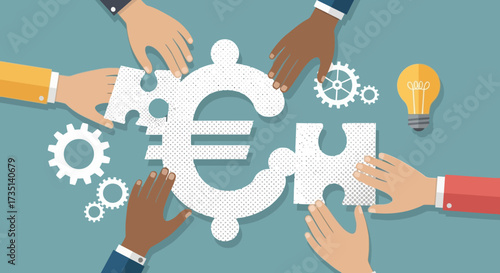 Hands assembling a Euro symbol puzzle, surrounded by gears and a lightbulb, symbolizing collaboration and innovation.