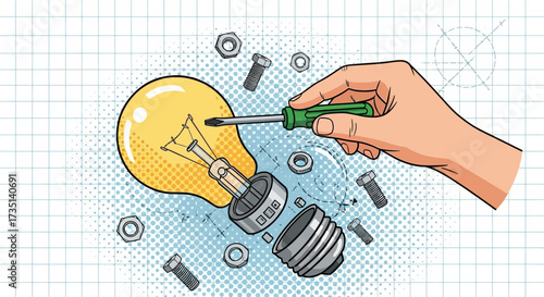 Illustration of a hand using a screwdriver to fix a light bulb.