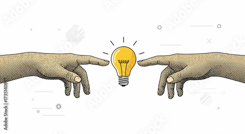 Two hands reaching out towards a glowing lightbulb, symbolizing the creation of an idea.