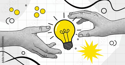 Illustration of two hands reaching for a lightbulb, symbolizing idea sharing.