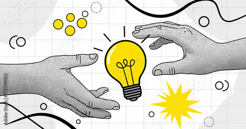 Two hands reaching out to share a glowing lightbulb, symbolizing the exchange of ideas and innovation.
