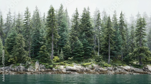 wide shot of a dense forest line along a shoreline  tall green conifers fill the image creating a continuous wall of foliage  the ground appears rocky and lightcolored beneath the trees