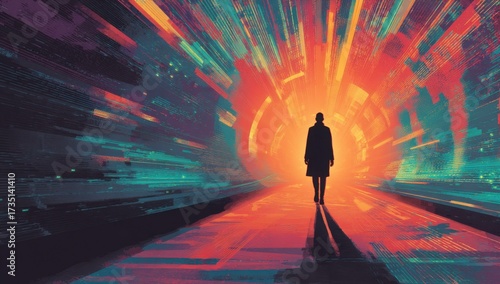 Silhouette Walking Through a Futuristic Data Tunnel With Bright Light, Illustrating Digital Transformation and Technological Advancement : Generative AI