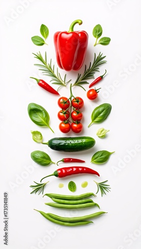 Fresh vegetables and herbs arranged on a white background isolated on white background