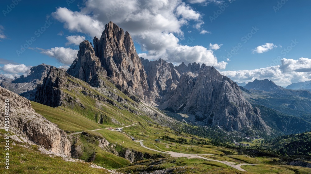 Fototapeta premium Towering mountain peaks rise majestically against a blue sky dotted with clouds, while lush green valleys spread below. T