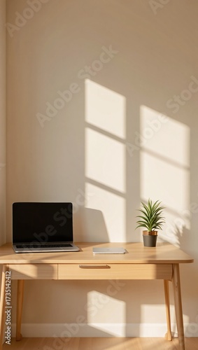 Bright workspace with laptop, plant, and sunlight creates a calm atmosphere