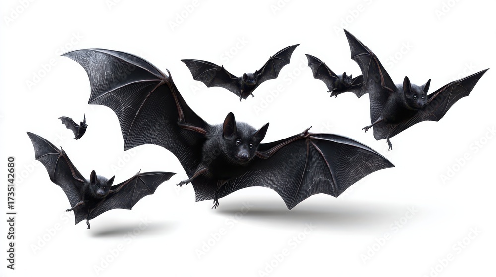 Fototapeta premium group of eerie flying black bats in dynamic wing poses isolated on white background