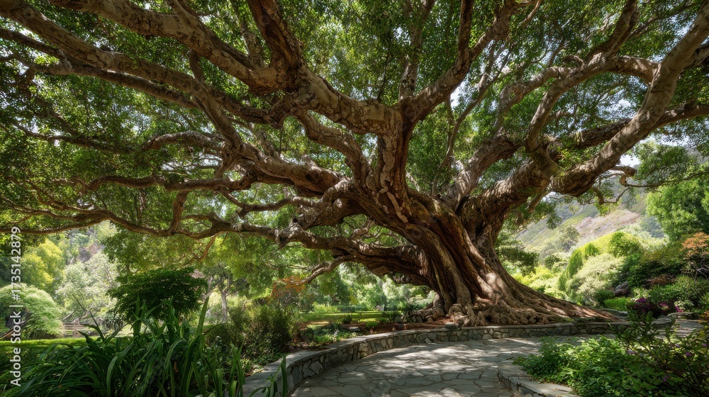 Obraz premium A large tree with wide, twisting branches dominates a vibrant garden, casting playful shadows on the stone path below. Surrounding flora enhances the tranquil atmosphere.