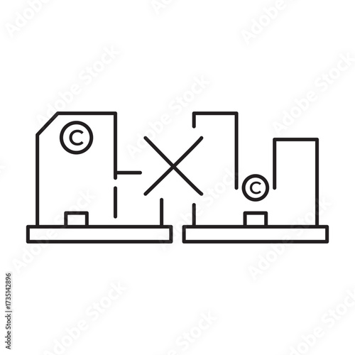 Line icon of two buildings with a copyright symbol and an "X," symbolizing copyright transfer or termination. Ideal for illustrating intellectual property rights, legal agreements, content licensing.