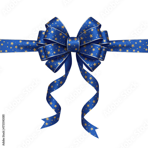 Blue satin ribbon with glitter stripes, isolated on transparent background, white background, elegant festive decoration for Christmas Day