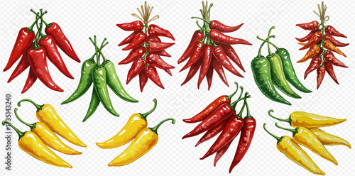 Watercolor illustration set of red, green, and yellow chili peppers, including bunches and traditional ristras, on a transparent background.