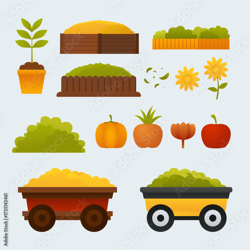 A bright, colorful autumn-themed collection depicting garden plants, pumpkins, hedges, hay bales, wooden fences, and decorative flower pots, perfect for farm, harvest, and seasonal content