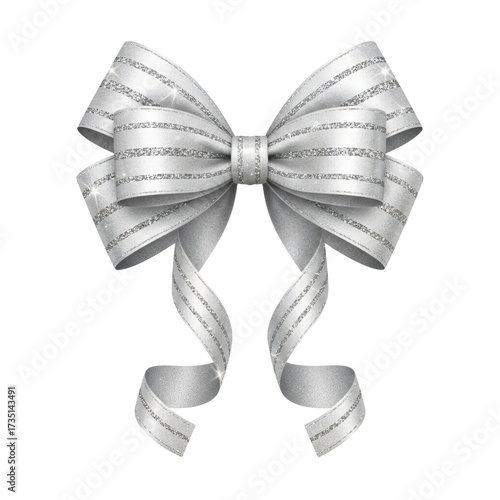 Blue Christmas ribbon with bow and glitter loops, isolated on transparent background, white background, realistic holiday ornament for Christmas Day