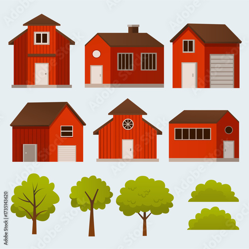 A collection of stylized red buildings, barns, and trees arranged in a grid, conveying rural life, home design, and community coziness perfect for housing, real estate, or agricultural themes